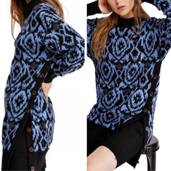 Free People Blue Black Winter Skies Print Tunic Dress Oversized Sweater Size M - Picture 3 of 13